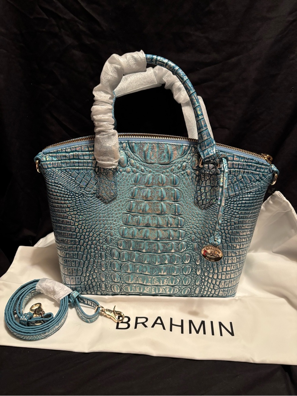 Brahmin Teal Croc-Embossed Leather Satchel with Detachable Strap